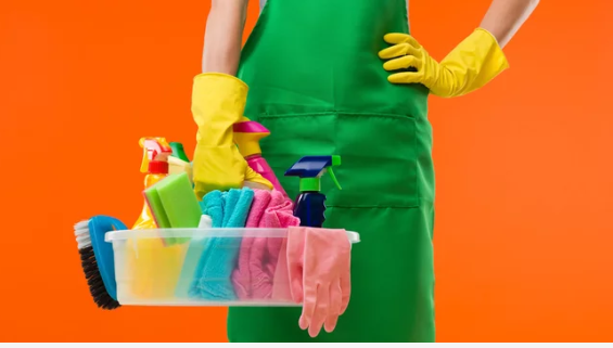 Lady holding cleaning items